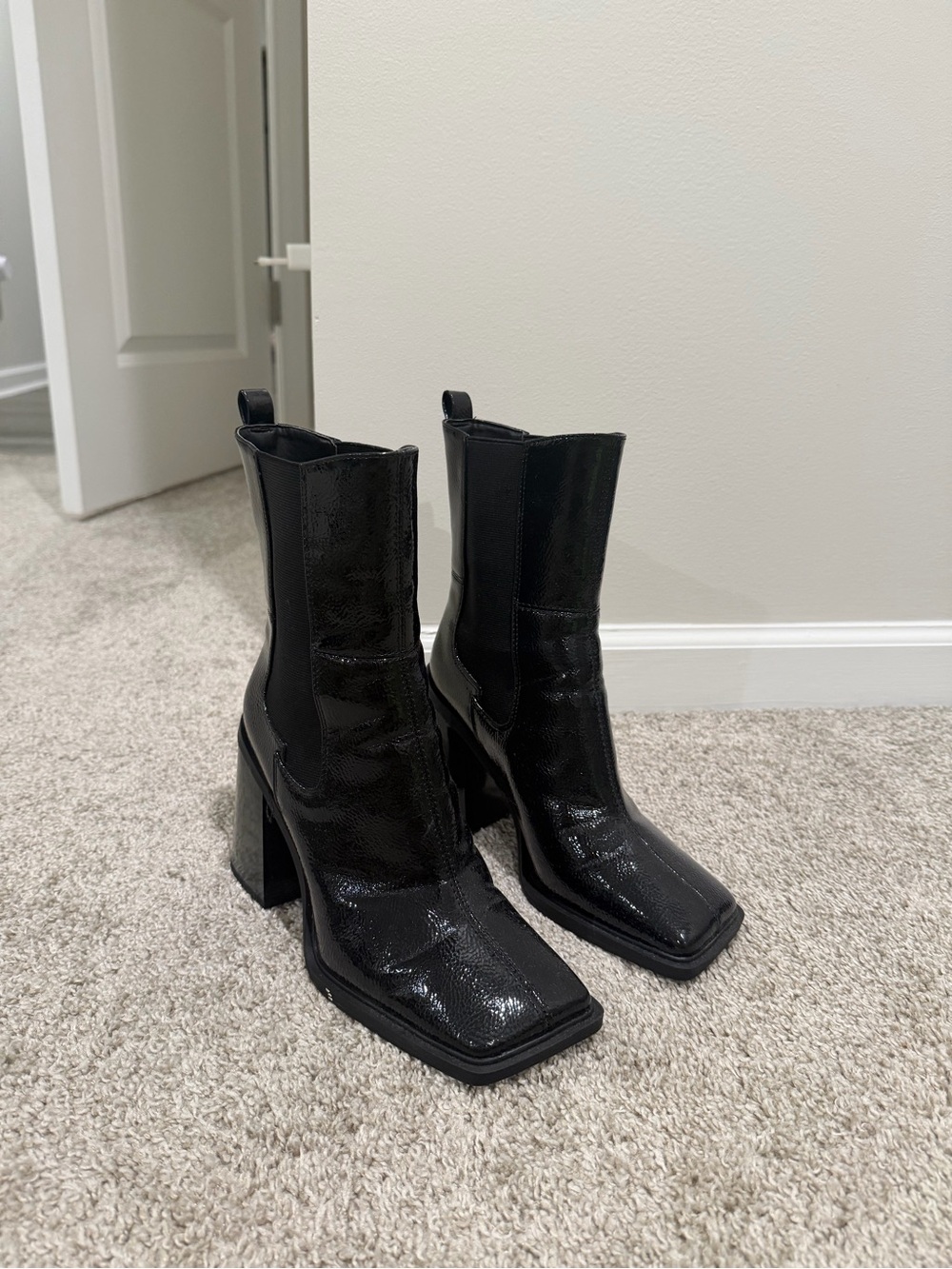 Black Square-Toe Block Heel Ankle Boots